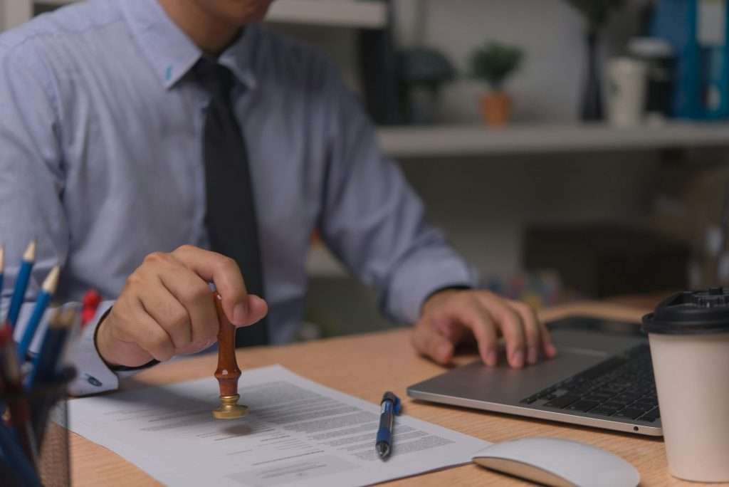 Contract law or paper work business and finance document rubber stamp. For official and legal